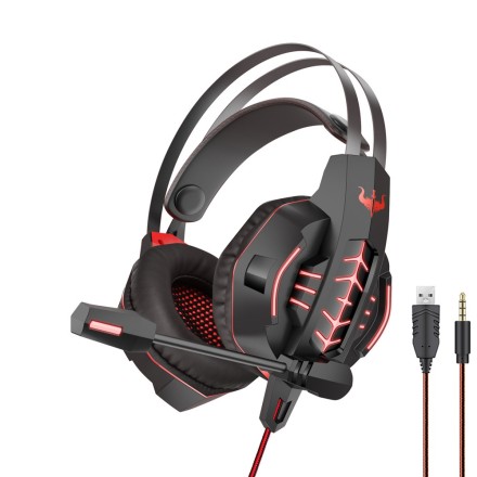 Ακουστικά gaming Ovleng GT63, Για PC, Με οπίσθιο φωτισμό, Μικρόφωνο, USB + 3.5mm, Μαυρο