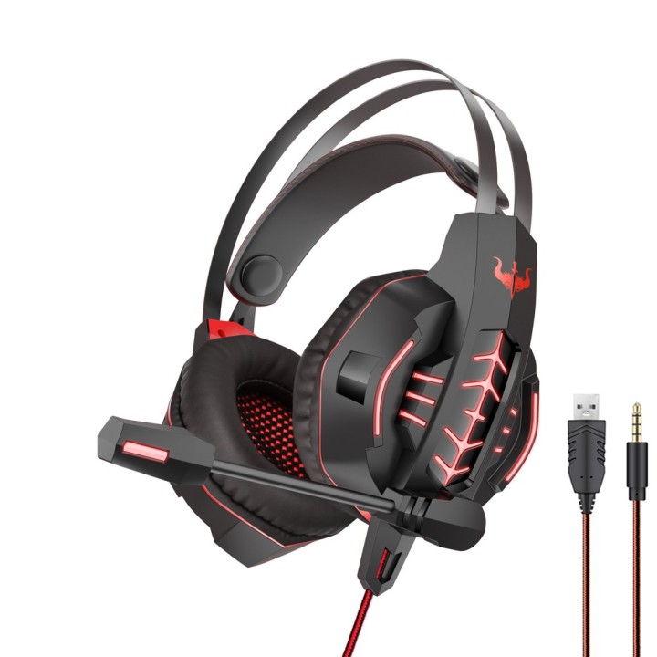 Ακουστικά gaming Ovleng GT63, Για PC, Με οπίσθιο φωτισμό, Μικρόφωνο, USB + 3.5mm, Μαυρο