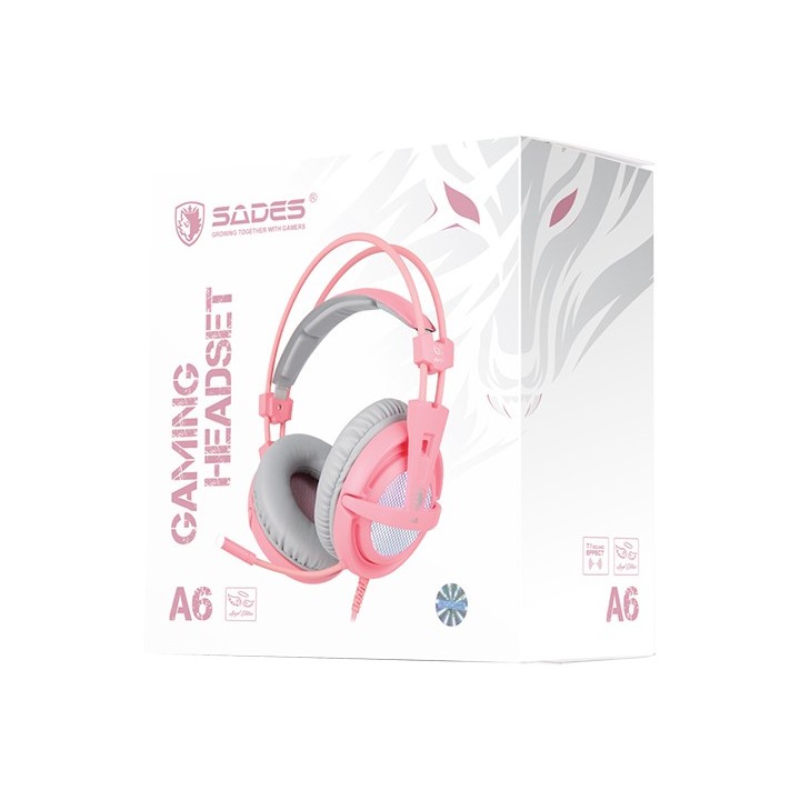 SADES Gaming Headset A6, multiplatform, USB, LED, ροζ