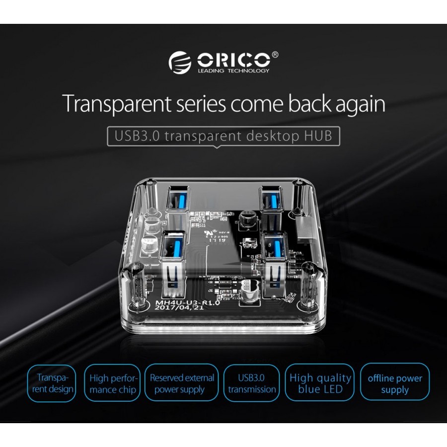 ORICO USB 3.0 Hub MH4U-U3, 4x USB3.0, 5Gbps, διάφανο