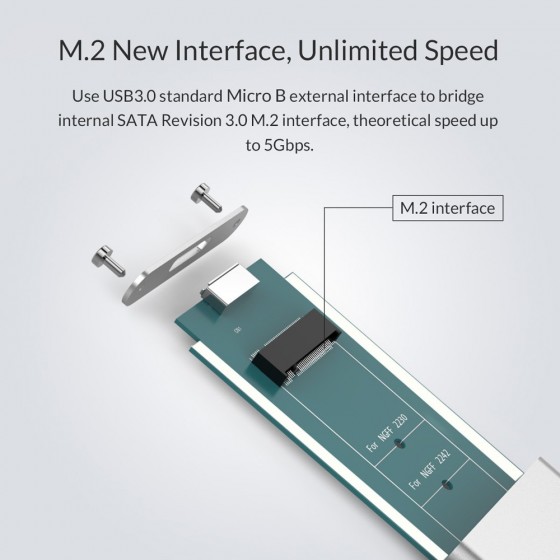 ORICO θήκη για Μ.2 B key SSD M2G-U3, USB 3.0, 5Gbps, 2TB, ασημί