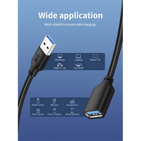 CABLETIME καλώδιο USB 3.0 αρσενικό σε θηλυκό C160, 5Gbps, 2m, μαύρο