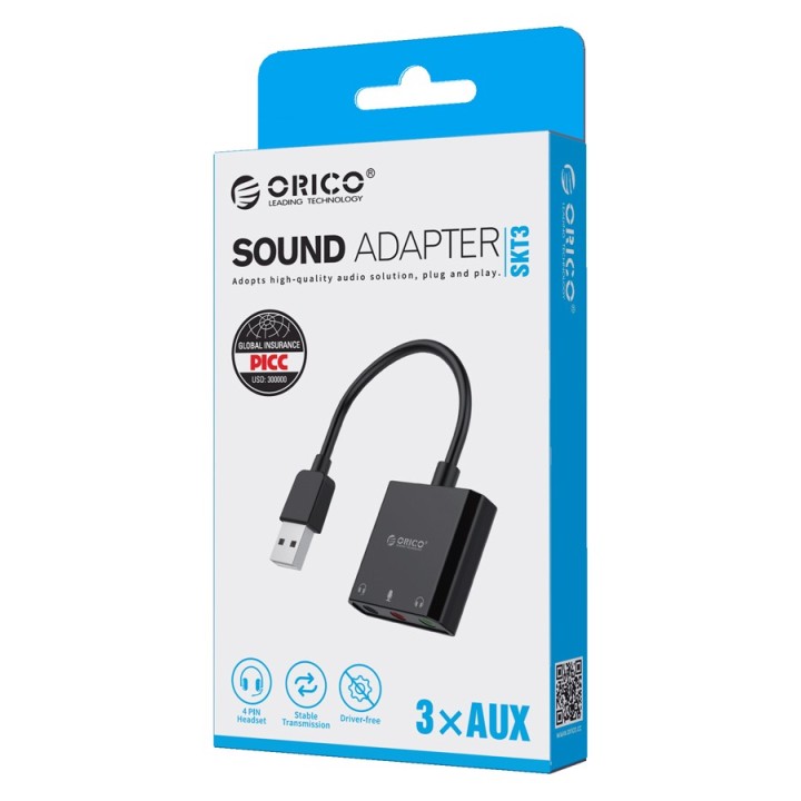 ORICO USB κάρτα ήχου SKT3, USB2.0, 3x 3.5mm, μαύρο