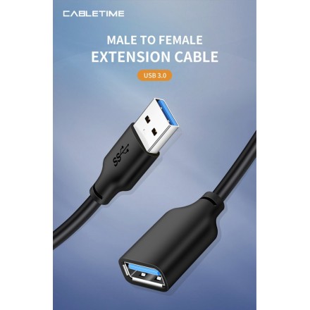 CABLETIME καλώδιο USB 3.0 αρσενικό σε θηλυκό C160, 5Gbps, 1m, μαύρο
