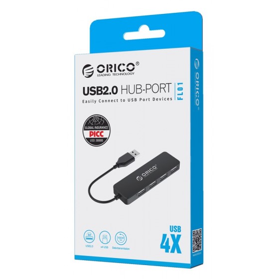 ORICO USB 2.0 Hub FL01, 4x USB, μαύρο