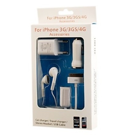 5-in-1 Charger and Earphone Accessories Kit for iPhone 3G/3GS/4  Κιτ αξεσουάρ για το iPhone 3G/3GS/4  Λευκό