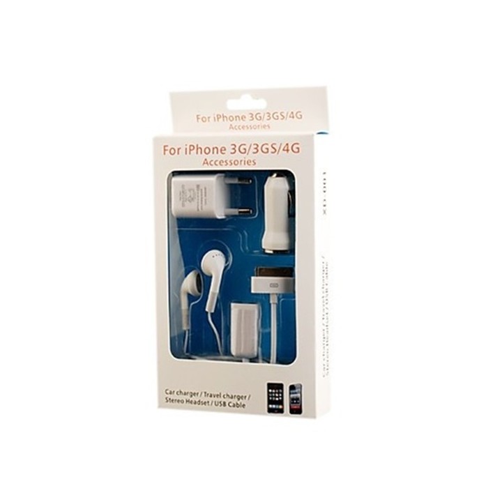 5-in-1 Charger and Earphone Accessories Kit for iPhone 3G/3GS/4  Κιτ αξεσουάρ για το iPhone 3G/3GS/4  Λευκό