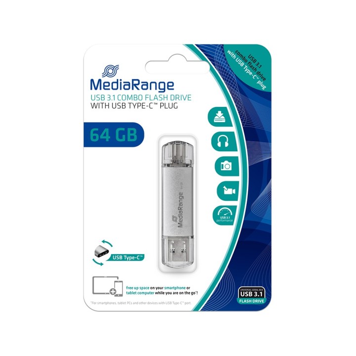 MediaRange USB 3.1 Combo Flash Drive with USB Type-C plug, 64GB (MR937)