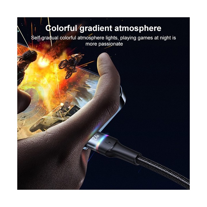 USAMS καλώδιο Lightning σε USB US-SJ534 με φωτισμό, 2.4A, 1.2m, μαύρο