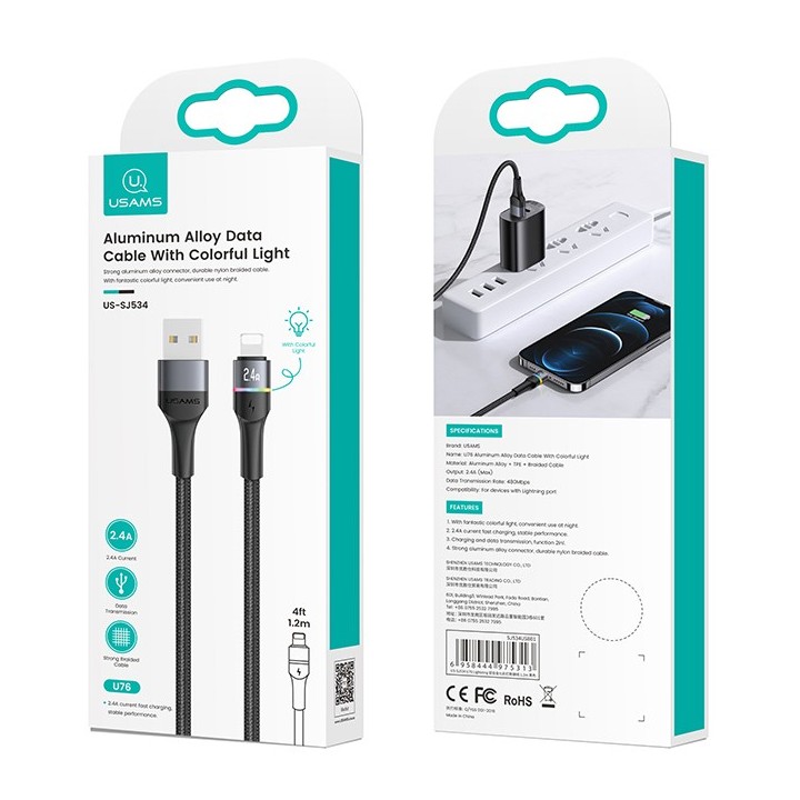 USAMS καλώδιο Lightning σε USB US-SJ534 με φωτισμό, 2.4A, 1.2m, μαύρο