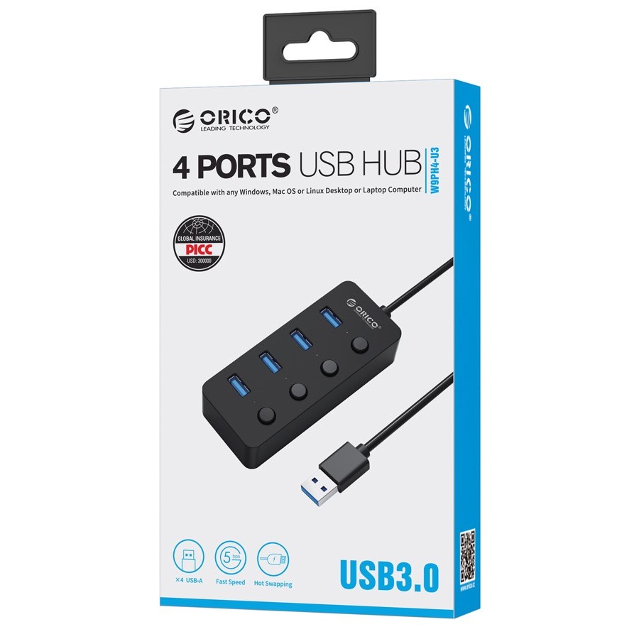 ORICO USB 3.0 Hub W9PH4-U3, 4x USB3.0 ports, 5Gbps, μαύρο