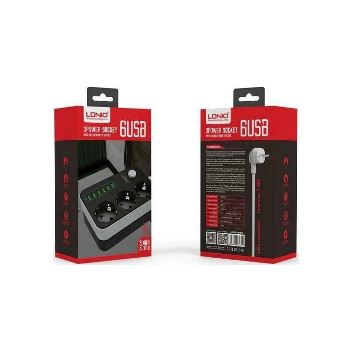 Ldnio SC3631 Πολύπριζο 3 Θέσεων με Διακόπτη, 6 USB και Καλώδιο 1.6m Μαύρο(14365)