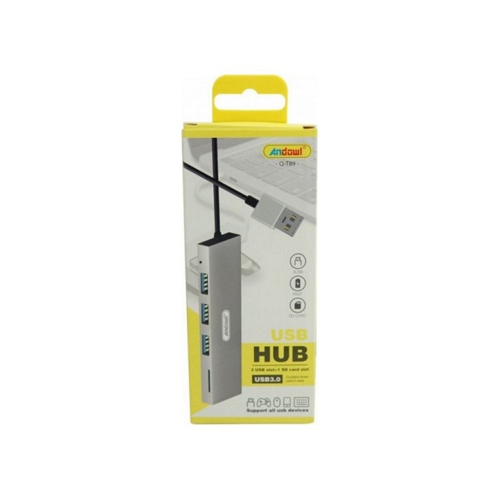 Andowl Q-T89 USB 3.0 Hub 3 Θυρών με σύνδεση USB-A Ασημί