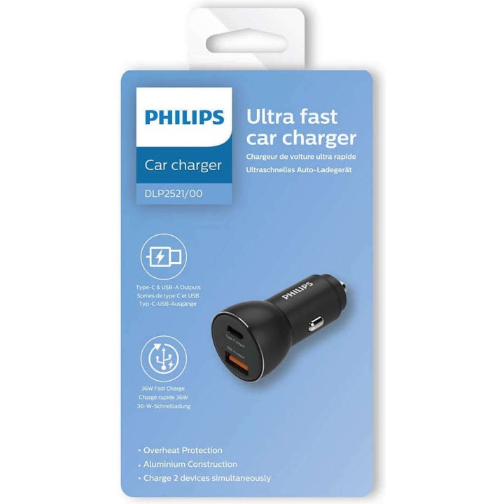PHILIPS φορτιστής αυτοκινήτου DLP2521-00, USB & Type-C, 36W, μαύρος
