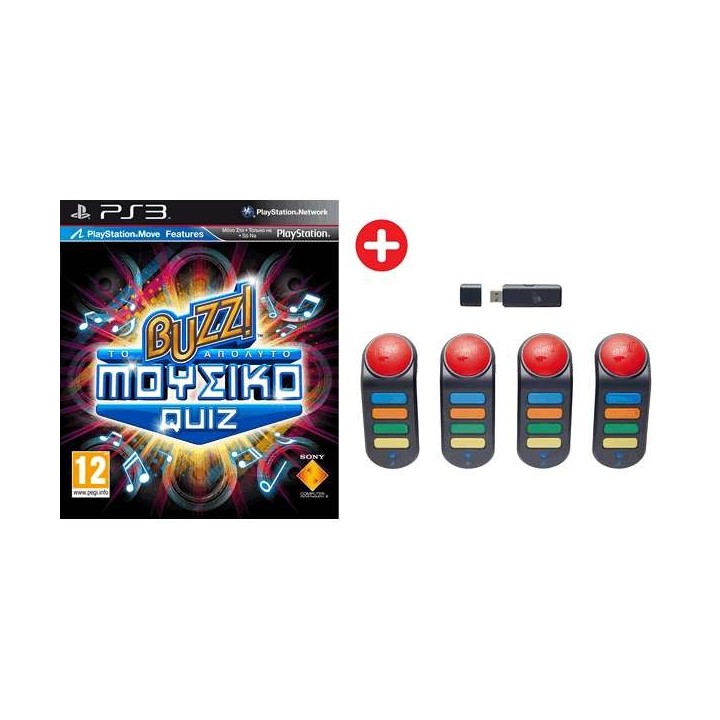 PS3 GAME - BUZZ! ΤΟ ΑΠΟΛΥΤΟ ΜΟΥΣΙΚΟ QUIZ + 4 Wireless Buzzers Used-Μεταχειρισμένο