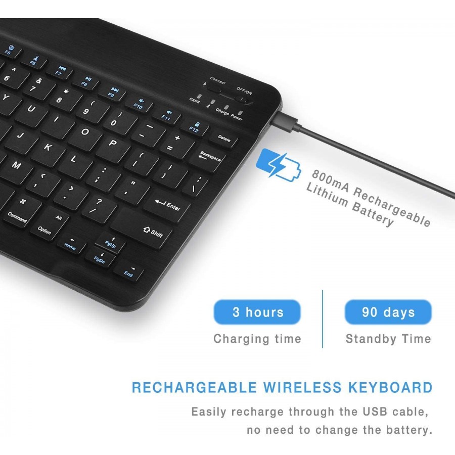 BK-100 Mini Bluetooth Keyboard Wireless Rechargeable Keyboard iOS, Android, Mac OS and Windows For Mobile, Tablet & TV BLACK