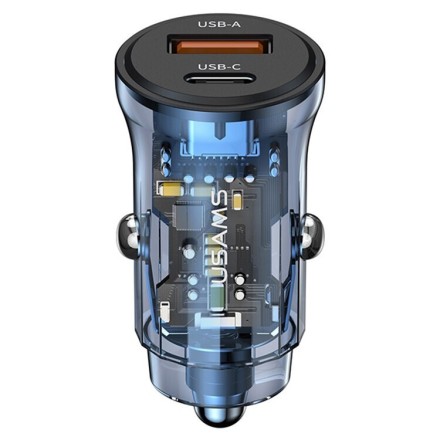 USAMS φορτιστής αυτοκινήτου US-CC164, USB & USB-C, 30W, μπλε