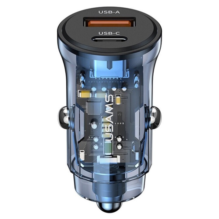 USAMS φορτιστής αυτοκινήτου US-CC164, USB & USB-C, 30W, μπλε