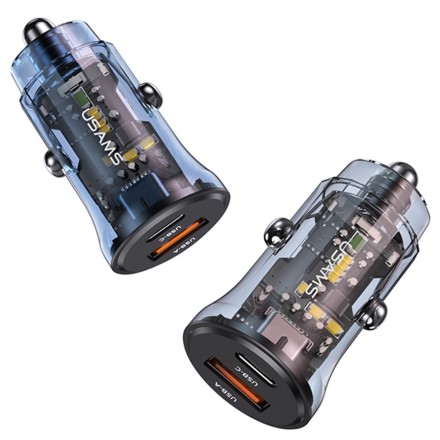 USAMS φορτιστής αυτοκινήτου US-CC164, USB & USB-C, 30W, μπλε