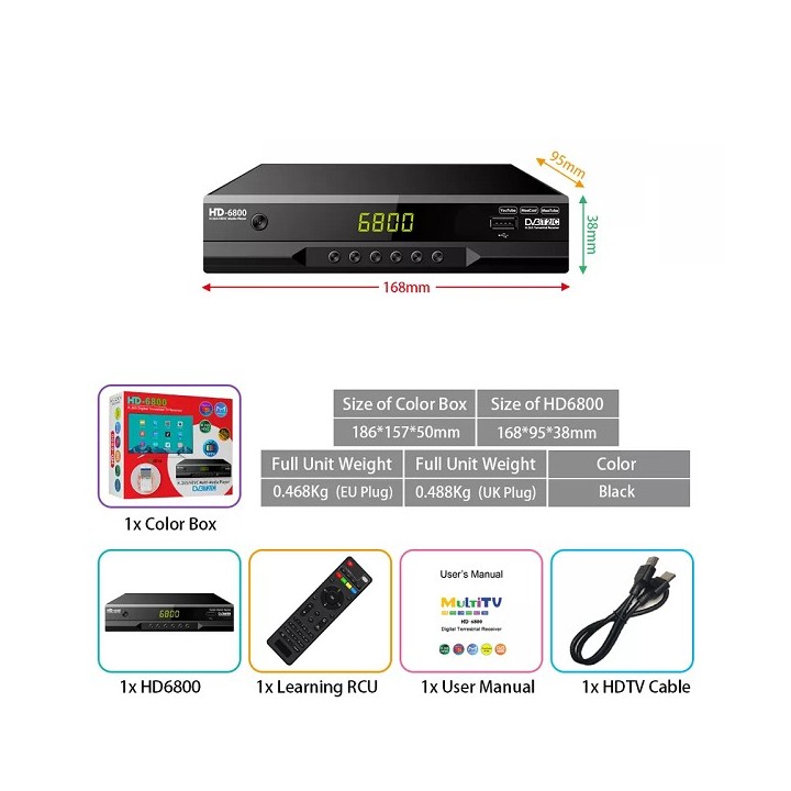 Ψηφιακός Δέκτης Τηλεόρασης DVB-T2 H.265 Αποκωδικοποιητής HD Επίγειος Δέκτης τηλεόρασης HD6800