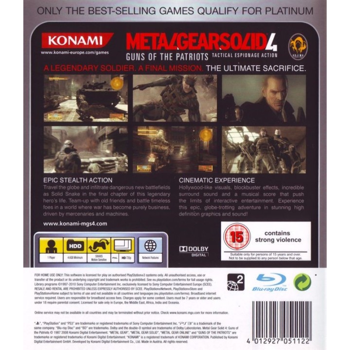Metal Gear Solid 4 Guns Of The Patriots PLATINUM PS3 GAMES Used-Μεταχειρισμένο(BLES-00246/P)