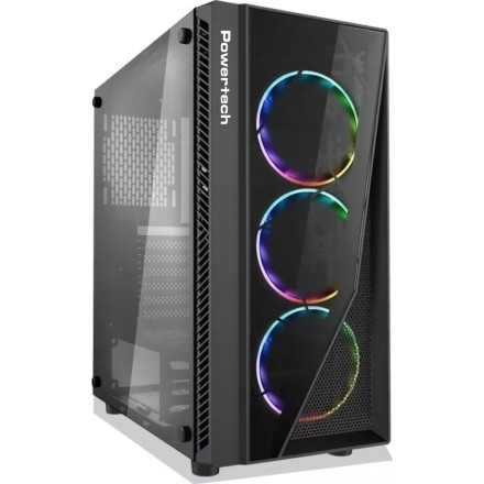 POWERTECH Gaming case PT-743, tempered glass, 4x 120mm fans (3x RGB)Μαύρο