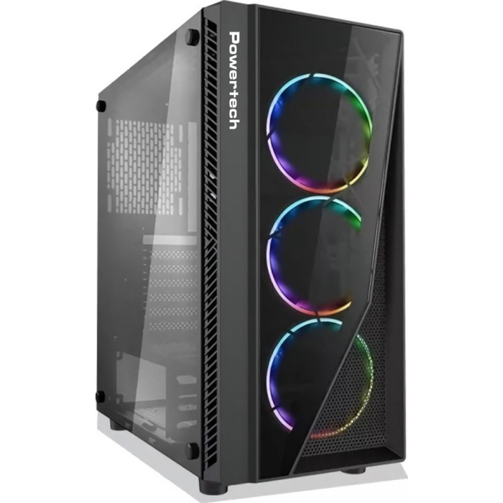 POWERTECH Gaming case PT-743, tempered glass, 4x 120mm fans (3x RGB)Μαύρο