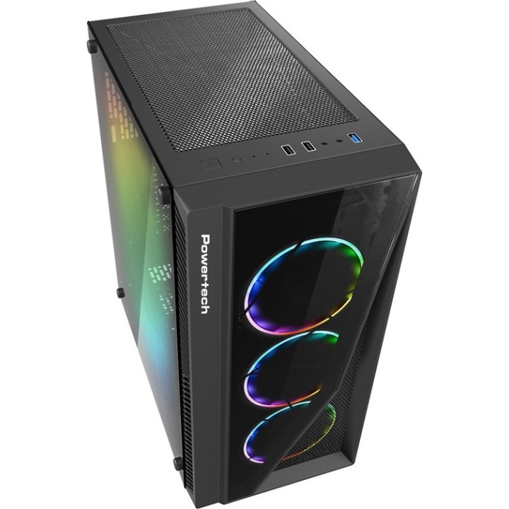 POWERTECH Gaming case PT-743, tempered glass, 4x 120mm fans (3x RGB)Μαύρο