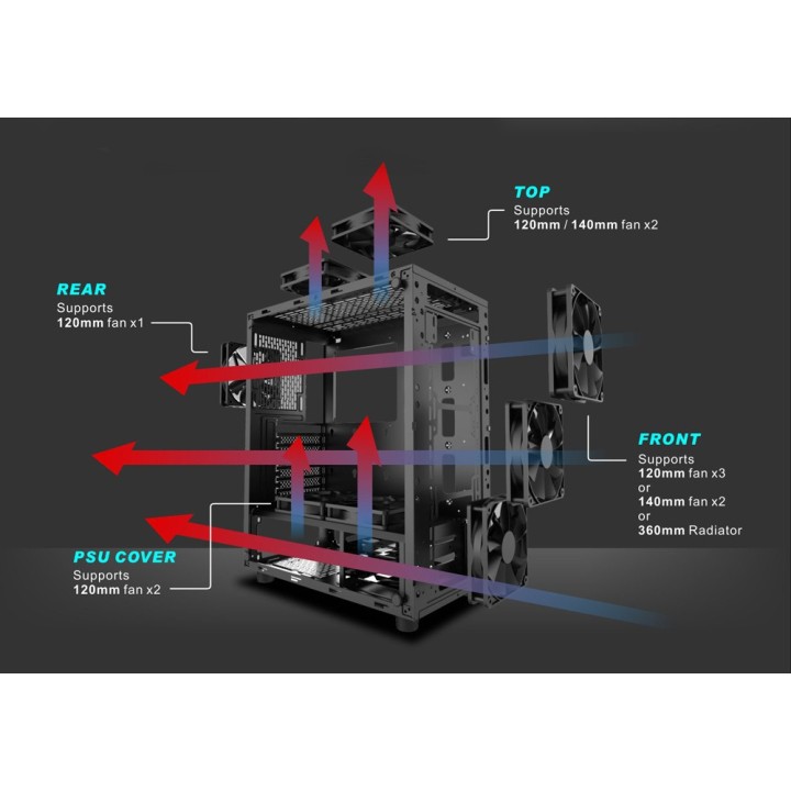 POWERTECH Gaming case PT-743, tempered glass, 4x 120mm fans (3x RGB)Μαύρο