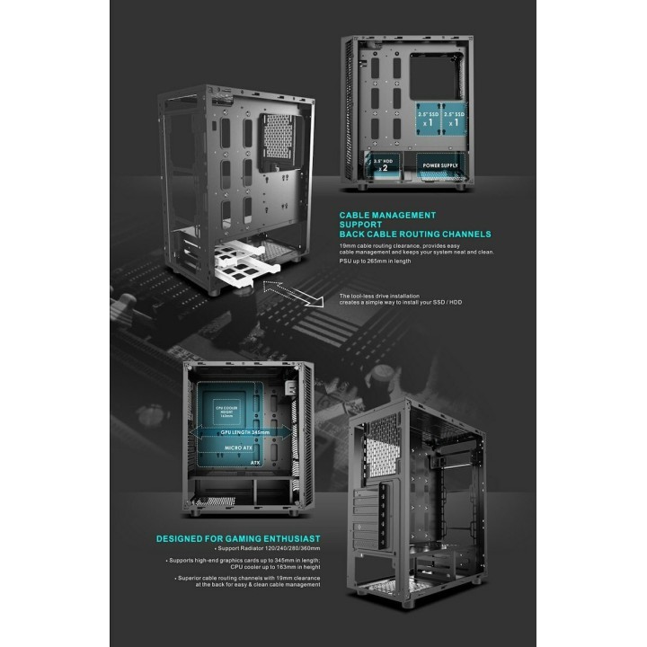 POWERTECH Gaming case PT-743, tempered glass, 4x 120mm fans (3x RGB)Μαύρο