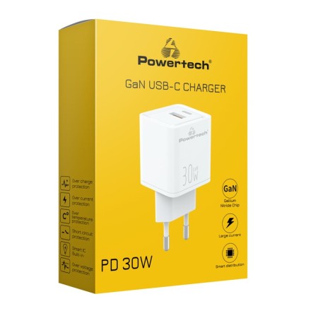 POWERTECH φορτιστής τοίχου PT-1093, USB-C, PD 30W, GaN, λευκός