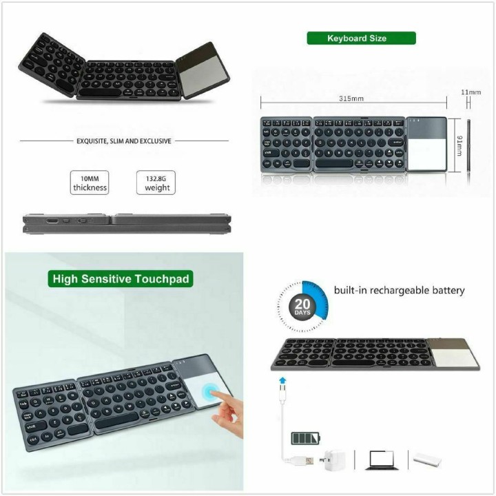 BT-86 Mini Foldable Ασύρματο Bluetooth Πληκτρολόγιο με Touchpad Αγγλικό US Ασημί