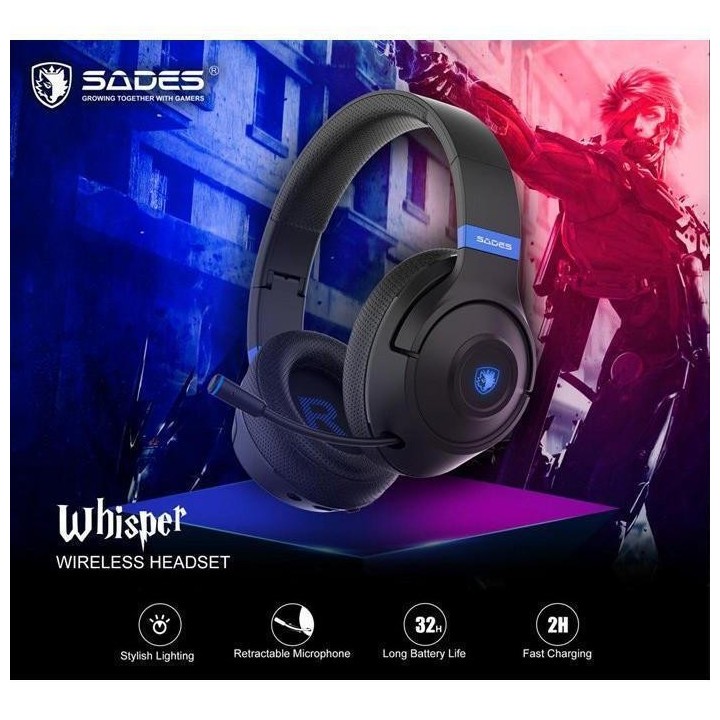 SADES gaming headset Whisper, wireless & wired, multiplatform, BLUETOOTH, Μαύρο