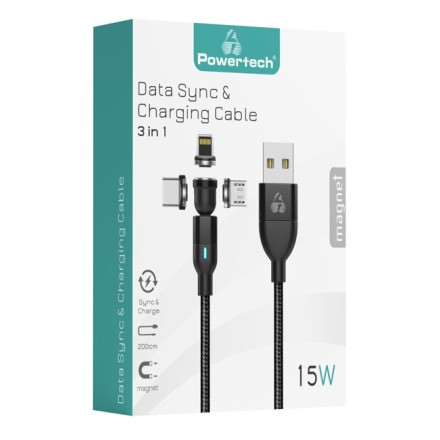 POWERTECH καλώδιο USB σε 3in1 magnet PTR-0103, μαγνητικό, 15W, 2m, μαύρο