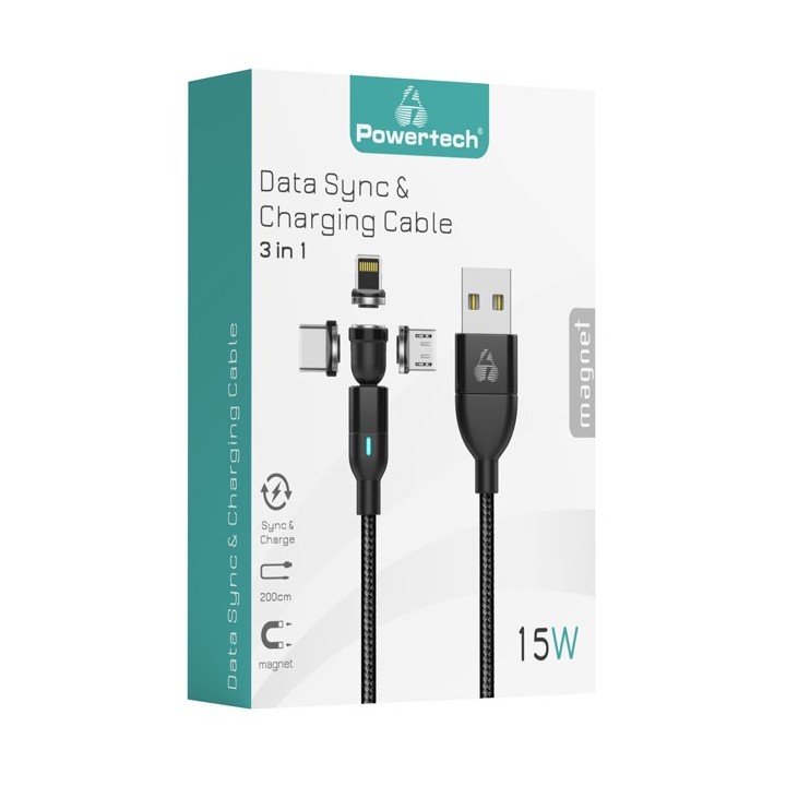 POWERTECH καλώδιο USB σε 3in1 magnet PTR-0103, μαγνητικό, 15W, 2m, μαύρο
