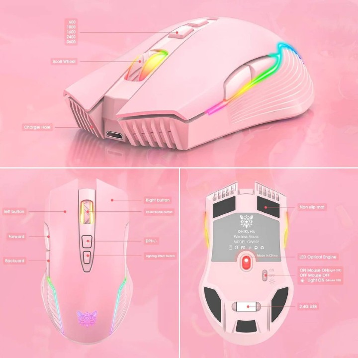 Onikuma CW905 Ασύρματο RGB Gaming Ποντίκι 3600 DPI Ροζ(769)