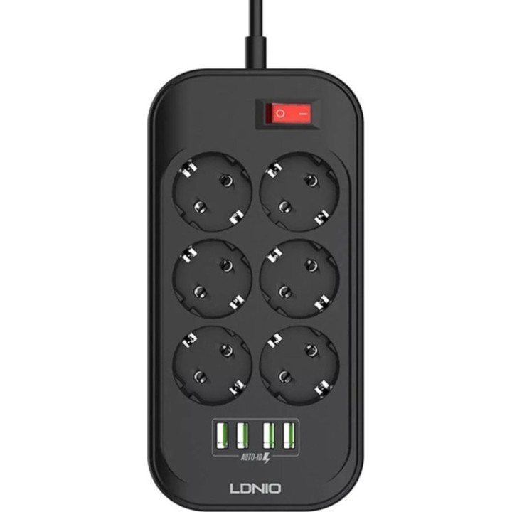 Ldnio Πολύπριζο Ασφαλείας 6 Θέσεων με Διακόπτη, 4 USB και Καλώδιο 2m Μαύρο