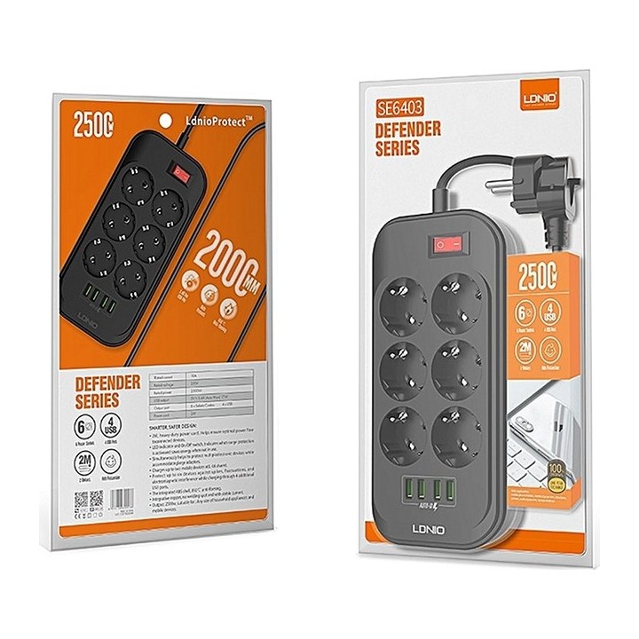 Ldnio Πολύπριζο Ασφαλείας 6 Θέσεων με Διακόπτη, 4 USB και Καλώδιο 2m Μαύρο