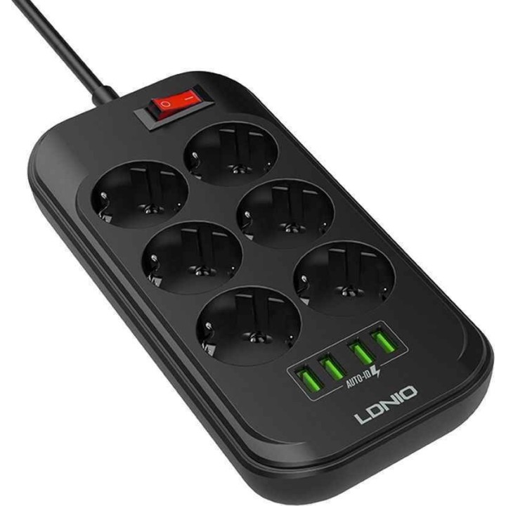 Ldnio Πολύπριζο Ασφαλείας 6 Θέσεων με Διακόπτη, 4 USB και Καλώδιο 2m Μαύρο