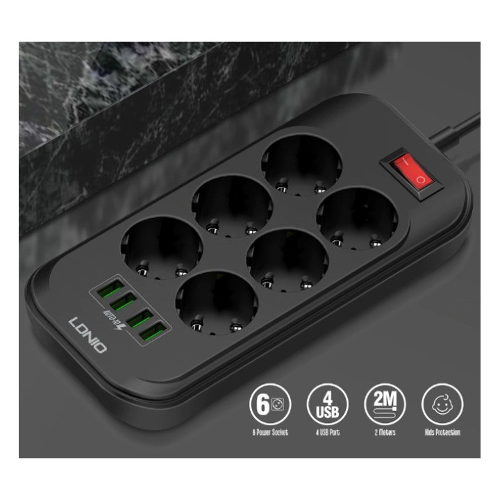 Ldnio Πολύπριζο Ασφαλείας 6 Θέσεων με Διακόπτη, 4 USB και Καλώδιο 2m Μαύρο