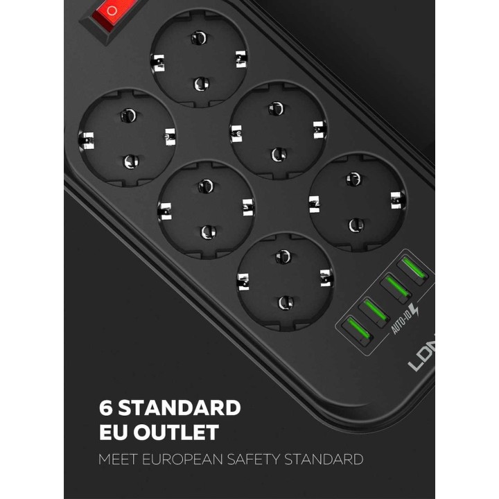 Ldnio Πολύπριζο Ασφαλείας 6 Θέσεων με Διακόπτη, 4 USB και Καλώδιο 2m Μαύρο