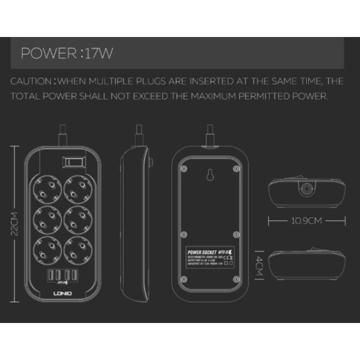 Ldnio Πολύπριζο Ασφαλείας 6 Θέσεων με Διακόπτη, 4 USB και Καλώδιο 2m Μαύρο
