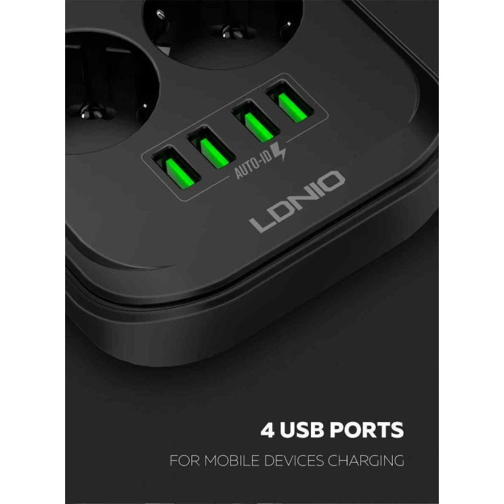 Ldnio Πολύπριζο Ασφαλείας 6 Θέσεων με Διακόπτη, 4 USB και Καλώδιο 2m Μαύρο
