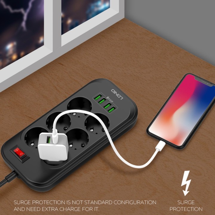 Ldnio Πολύπριζο Ασφαλείας 6 Θέσεων με Διακόπτη, 4 USB και Καλώδιο 2m Μαύρο