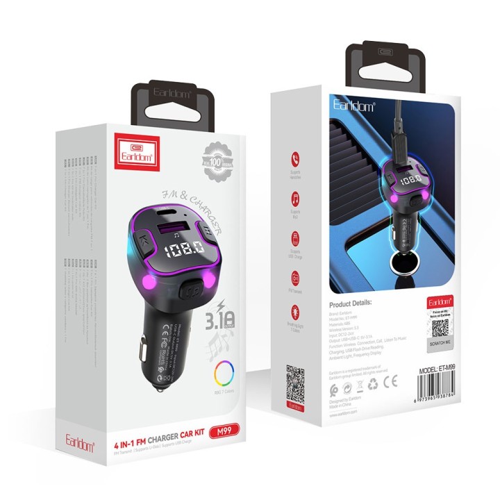 Earldom FM Transmitter Αυτοκινήτου με Bluetooth / USB / Type-C(17767)