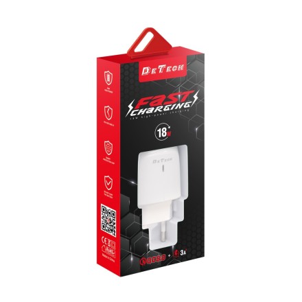 Φορτιστής DeTech DE-32 18W, 2 x USB  QC λευκό (40324)