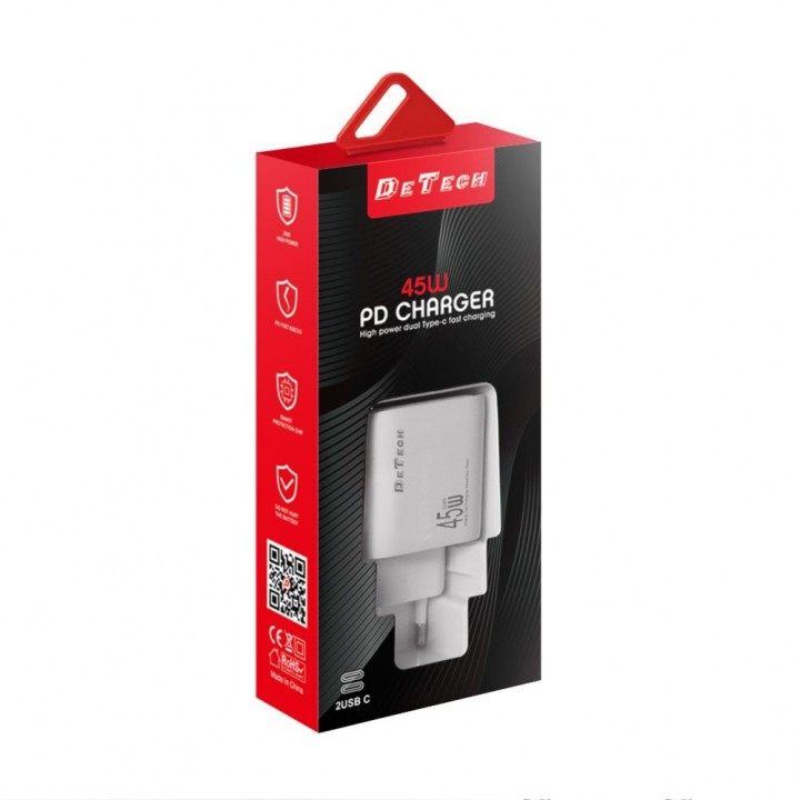 De Tech Φορτιστής GaN και Καλώδιο USB-C 45W Power Delivery Λευκός (DE-PD)(40340)