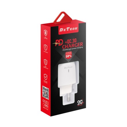 De Tech Φορτιστής Χωρίς Καλώδιο με Θύρα USB-A και Θύρα USB-C 20W Power Delivery Λευκός (DE-31)(40318)