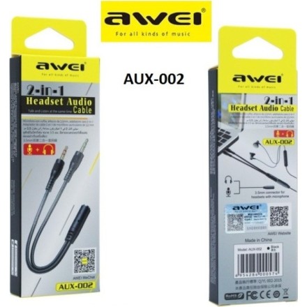 AWEI καλώδιο 3.5mm θηλυκό σε 2x 3.5mm αρσενικό AUX-002, 0.20m, μαύρο