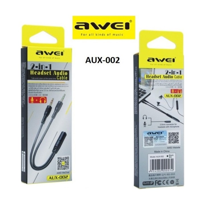 AWEI καλώδιο 3.5mm θηλυκό σε 2x 3.5mm αρσενικό AUX-002, 0.20m, μαύρο